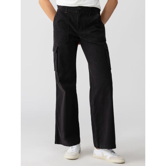 Sanctuary Reissue Cargo‎ Pants Black Relaxed Fit Twill Pockets Flare Leg Sz L - Picture 1 of 14